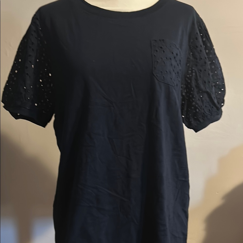 Women's Navy Eyelet Sleeve Top
